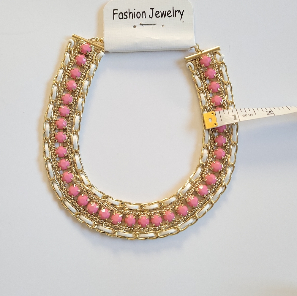 New! Statement Necklace Gold-tone Pink Double Row Fashion Necklace Boho Necklace - Picture 5 of 5